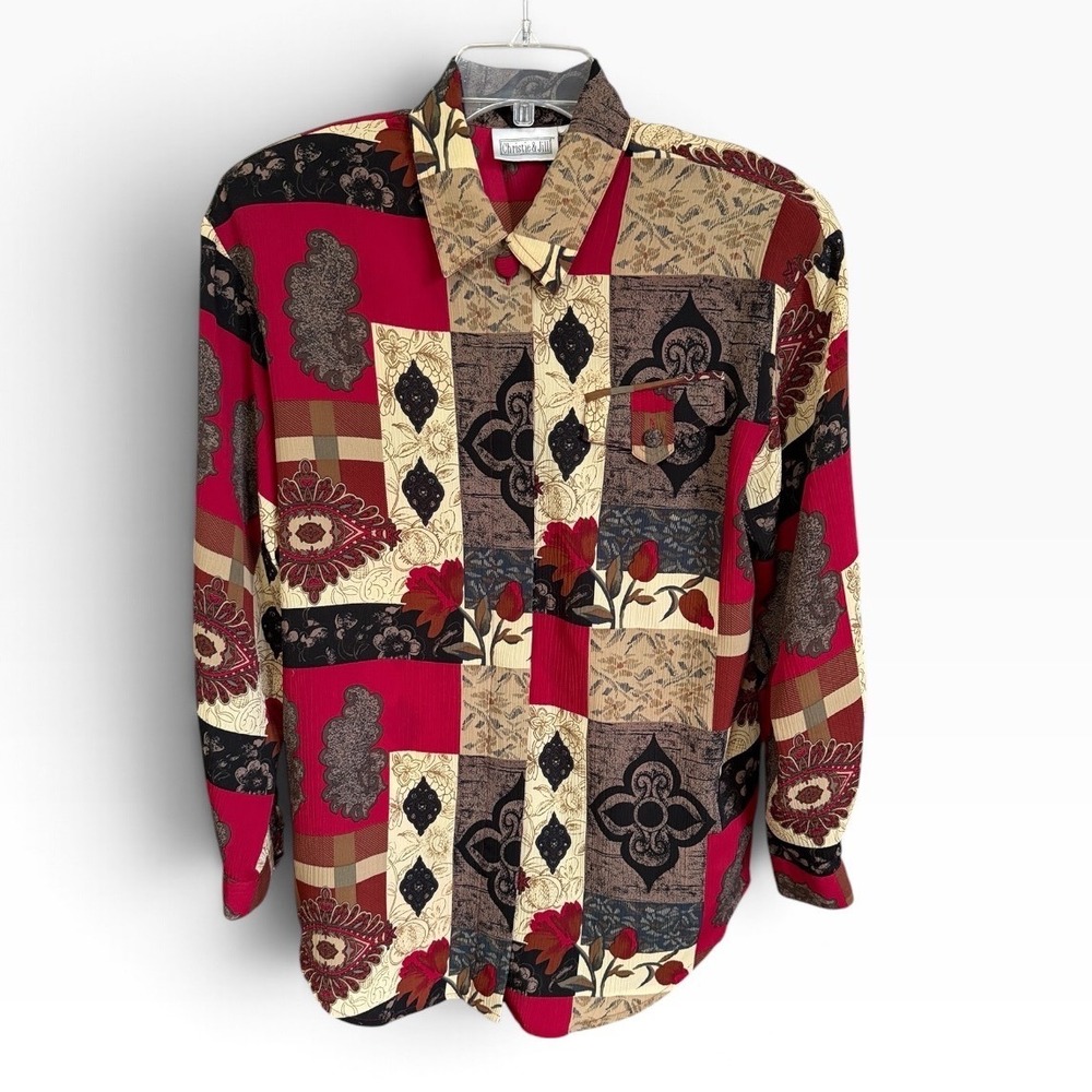 Christie & Jill Blouse Womens Medium Red Patchwork Floral Vintage Button Down